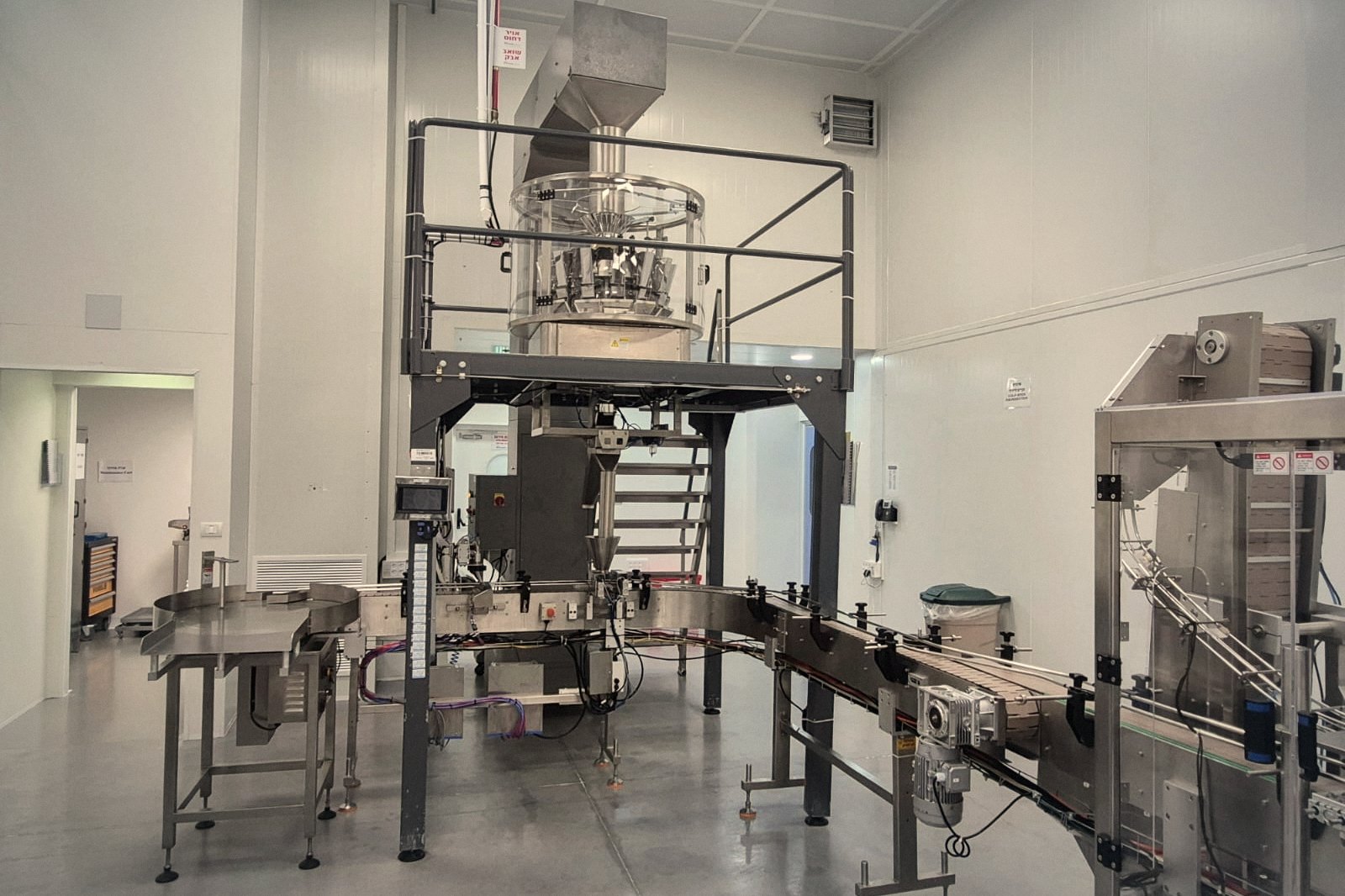 Automated dosing and packaging line with a multihead weigher in a dedicated clean room on Bazelet's EU-GMP certified production floor, Or Akiva